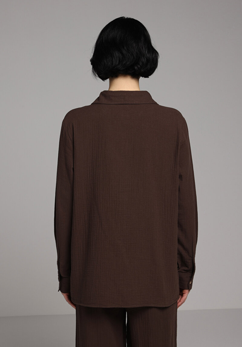 Regular Fit Shirt Neck Düz Kadın Kahverengi Kısa Kol Gömlek
