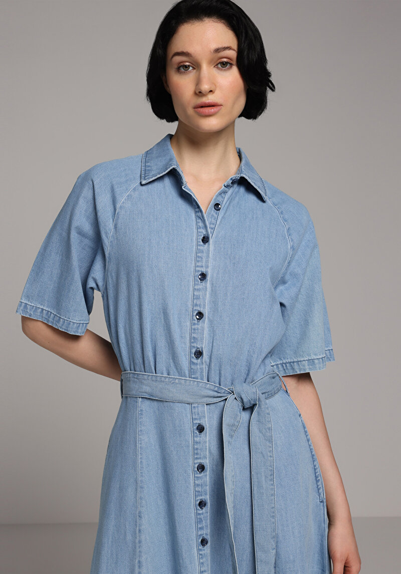 Regular Fit Düz Kadın Light İndigo Denim Kısa Kol Elbise
