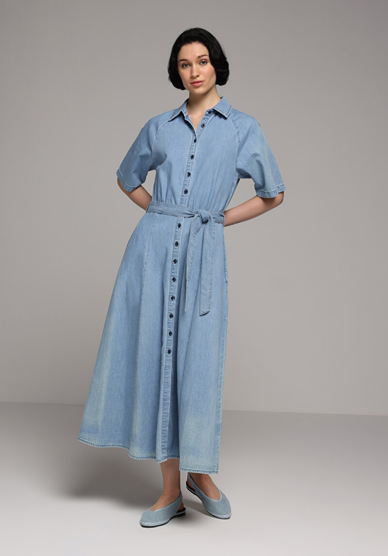Regular Fit Düz Kadın Light İndigo Denim Kısa Kol Elbise