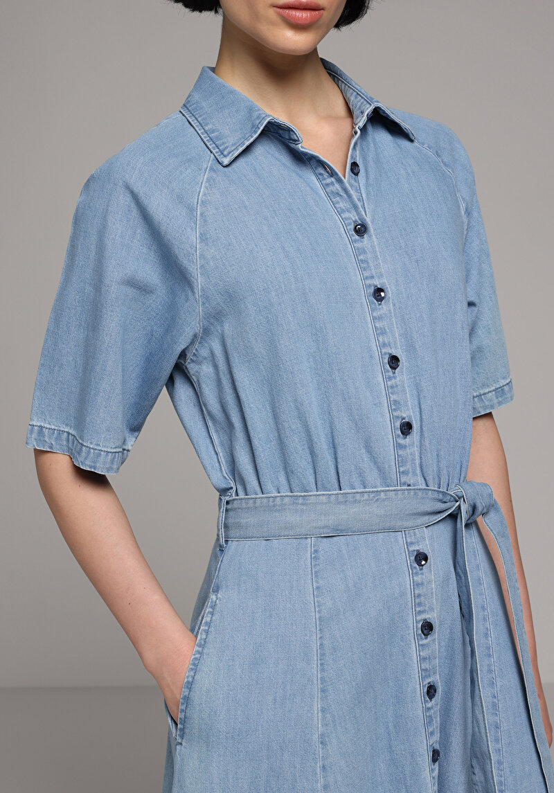 Regular Fit Düz Kadın Light İndigo Denim Kısa Kol Elbise