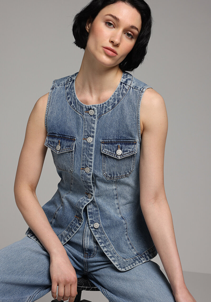 Slim Fit Kadın Light İndigo Denim Yelek