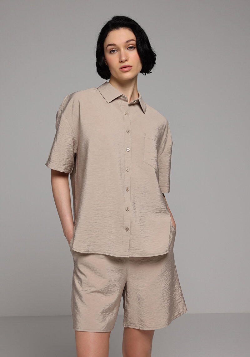 Regular Fit Yüksel Bel Düz Kadın Açik Kahverengi Şort