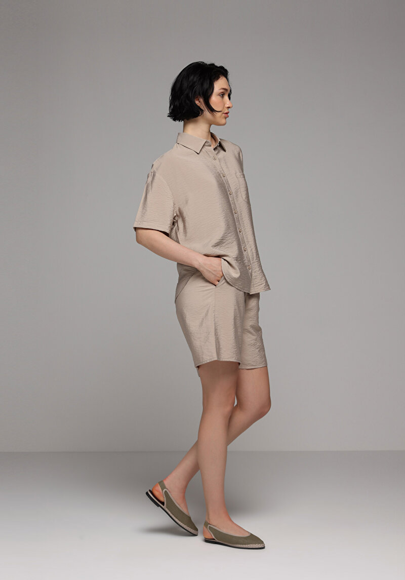 Regular Fit Yüksel Bel Düz Kadın Açik Kahverengi Şort