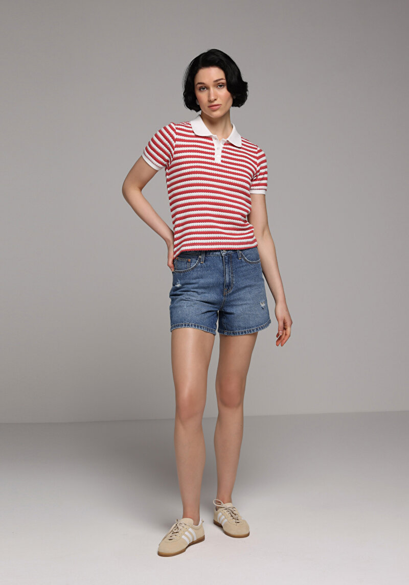 Slim Fit Polo Yaka Çizgili Kadın Kirmizi Kısa Kol Tişört