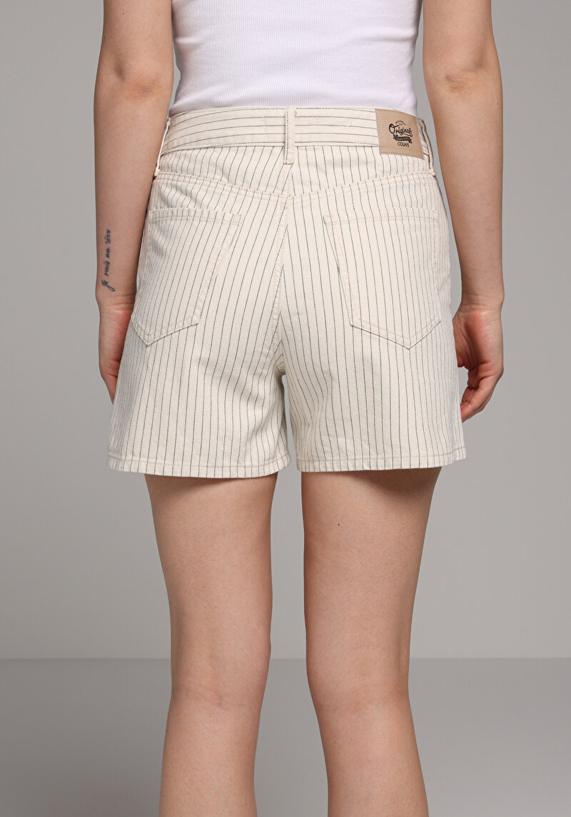 Mom Fit Yüksel Bel Düz Kadın Stripe Denim Jean Şort