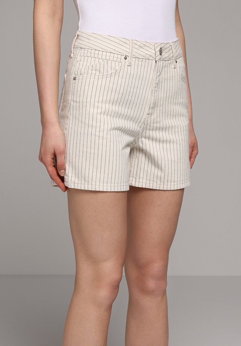 Mom Fit Yüksel Bel Düz Kadın Stripe Denim Jean Şort