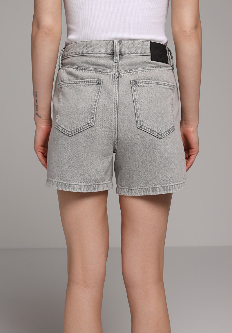 Mom Fit Yüksel Bel Düz Kadın Grey Denim Jean Şort