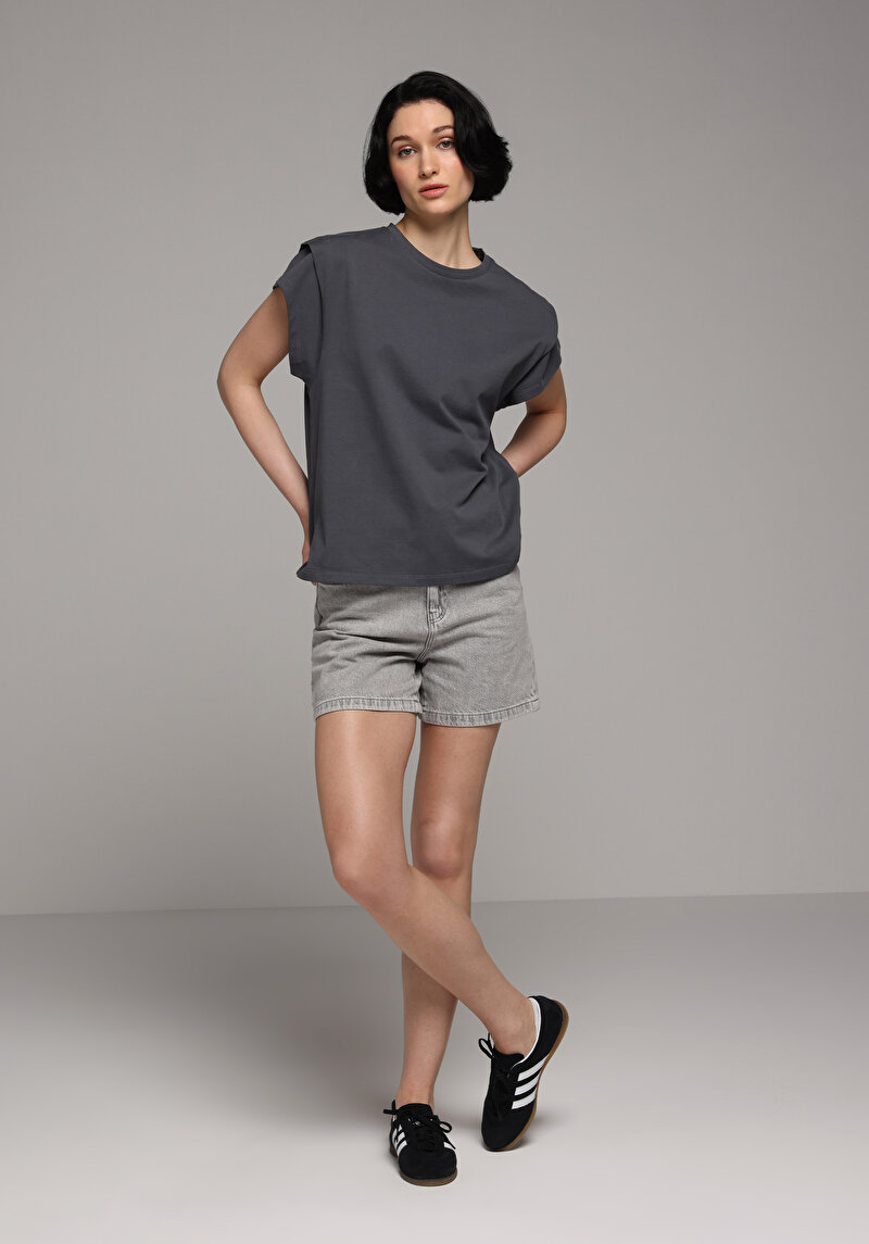 Mom Fit Yüksel Bel Düz Kadın Grey Denim Jean Şort