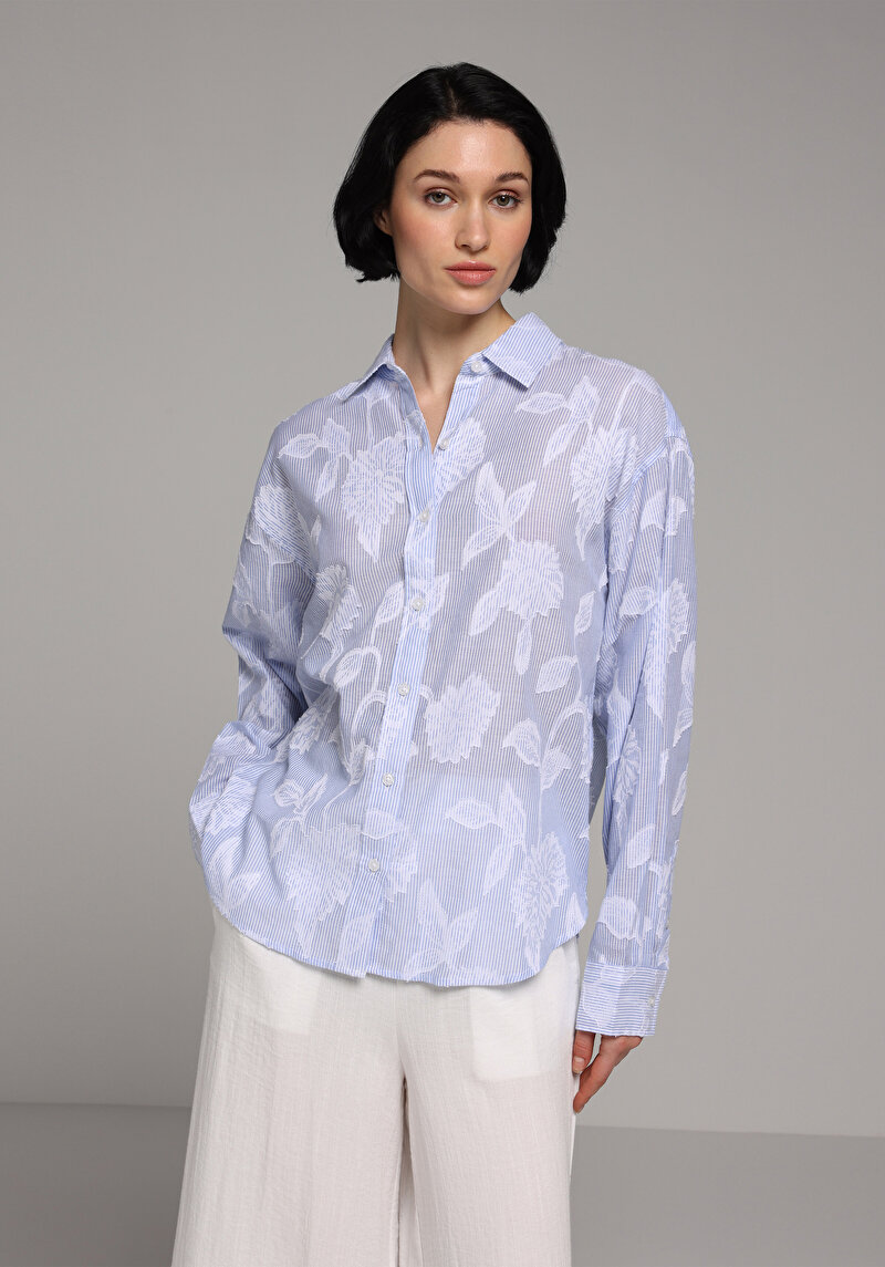 Boyfriend Fit Shirt Neck Jakarlı Kadın Mavi Uzun Kol Gömlek