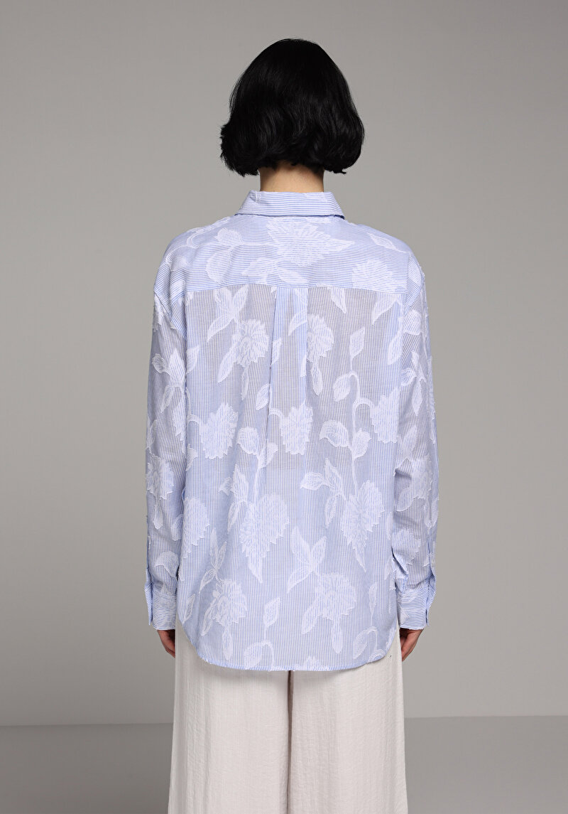 Boyfriend Fit Shirt Neck Jakarlı Kadın Mavi Uzun Kol Gömlek