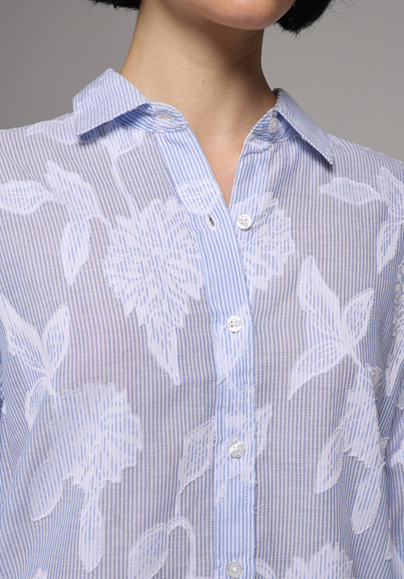 Boyfriend Fit Shirt Neck Jakarlı Kadın Mavi Uzun Kol Gömlek