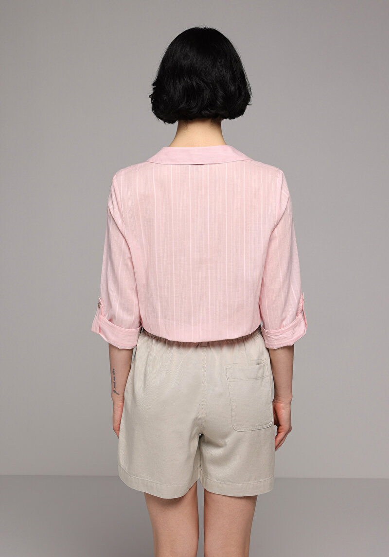 Fashion Fit Shirt Neck Düz Kadın Turuncu Roll-up Gömlek