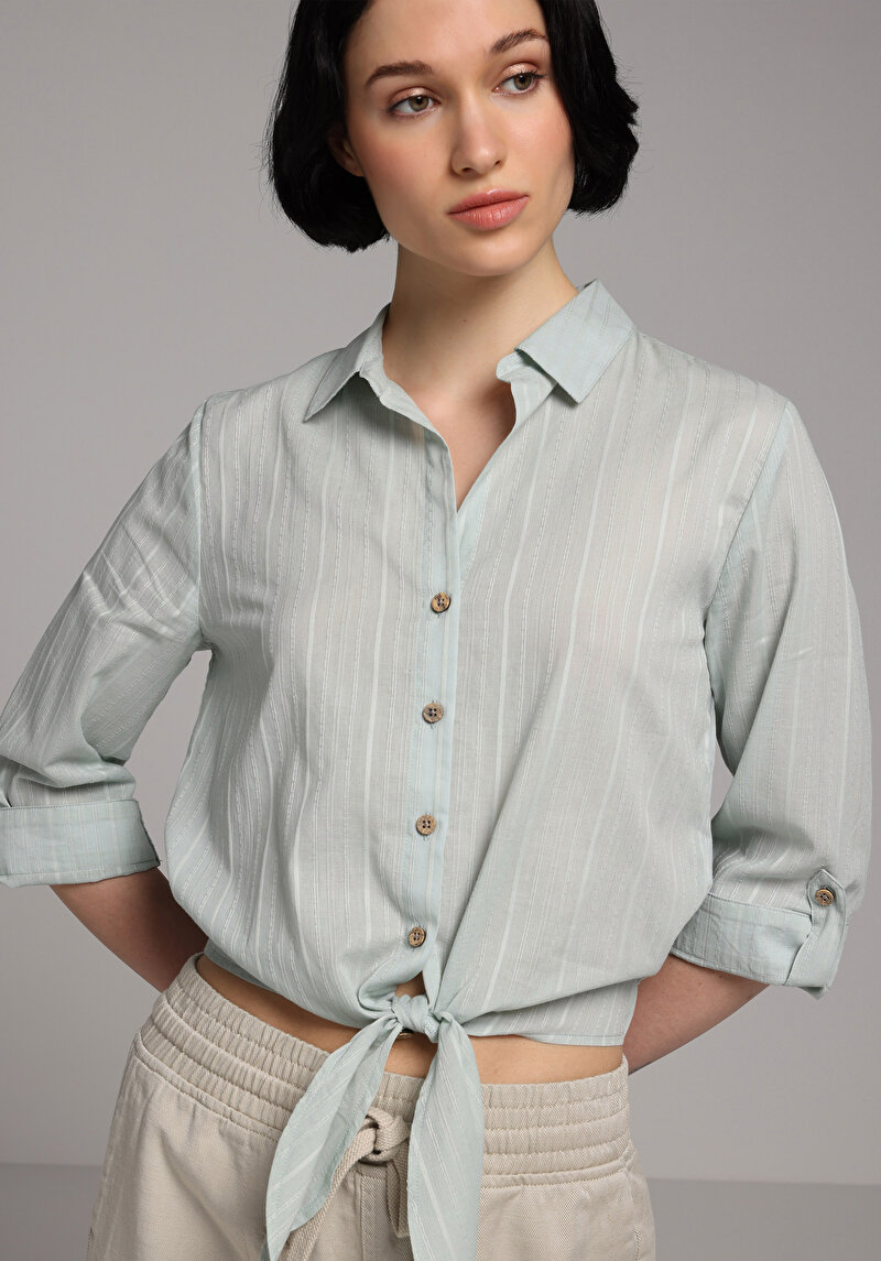 Fashion Fit Shirt Neck Düz Kadın Yeşil Roll-up Gömlek