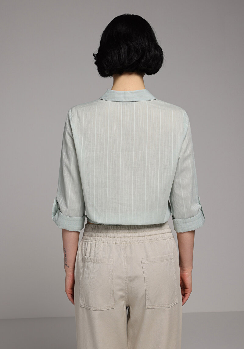 Fashion Fit Shirt Neck Düz Kadın Yeşil Roll-up Gömlek