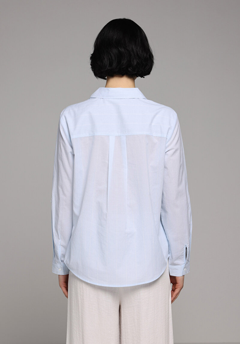 Regular Fit Shirt Neck Çizgili Kadın Mavi Roll-up Gömlek