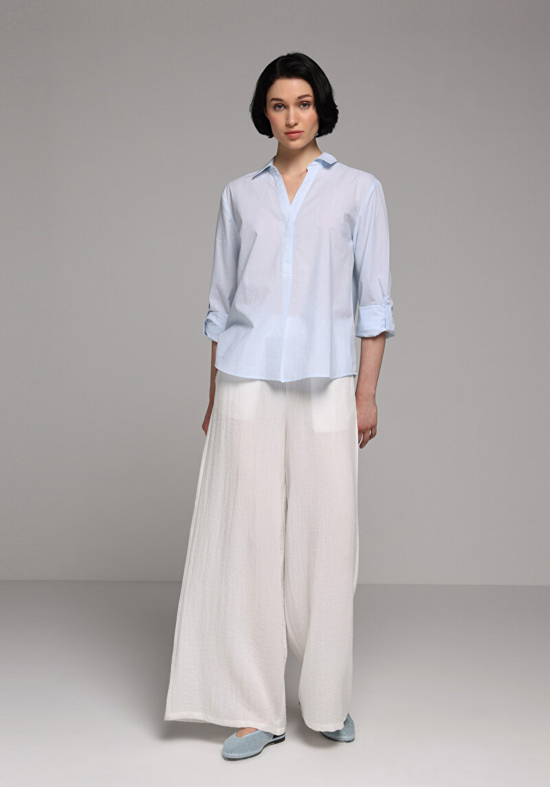 Regular Fit Shirt Neck Çizgili Kadın Mavi Roll-up Gömlek