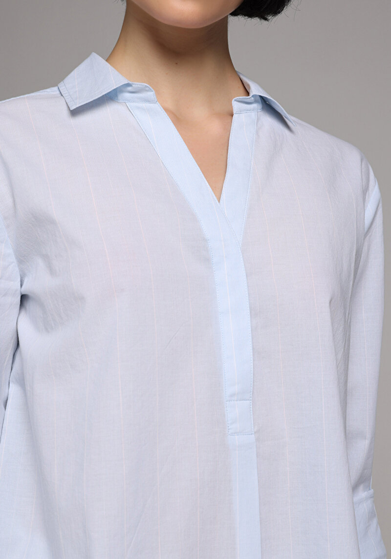 Regular Fit Shirt Neck Çizgili Kadın Mavi Roll-up Gömlek