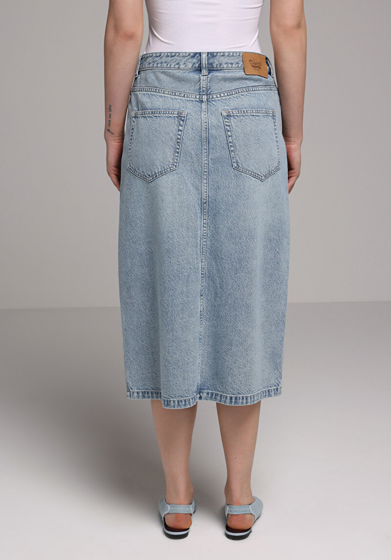 Regular Fit Düz Fermuarlı Kadın Light İndigo Denim Etek