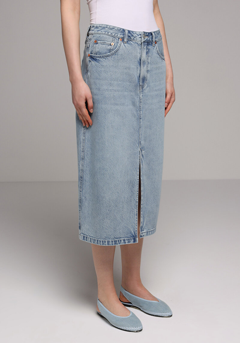 Regular Fit Düz Fermuarlı Kadın Light İndigo Denim Etek