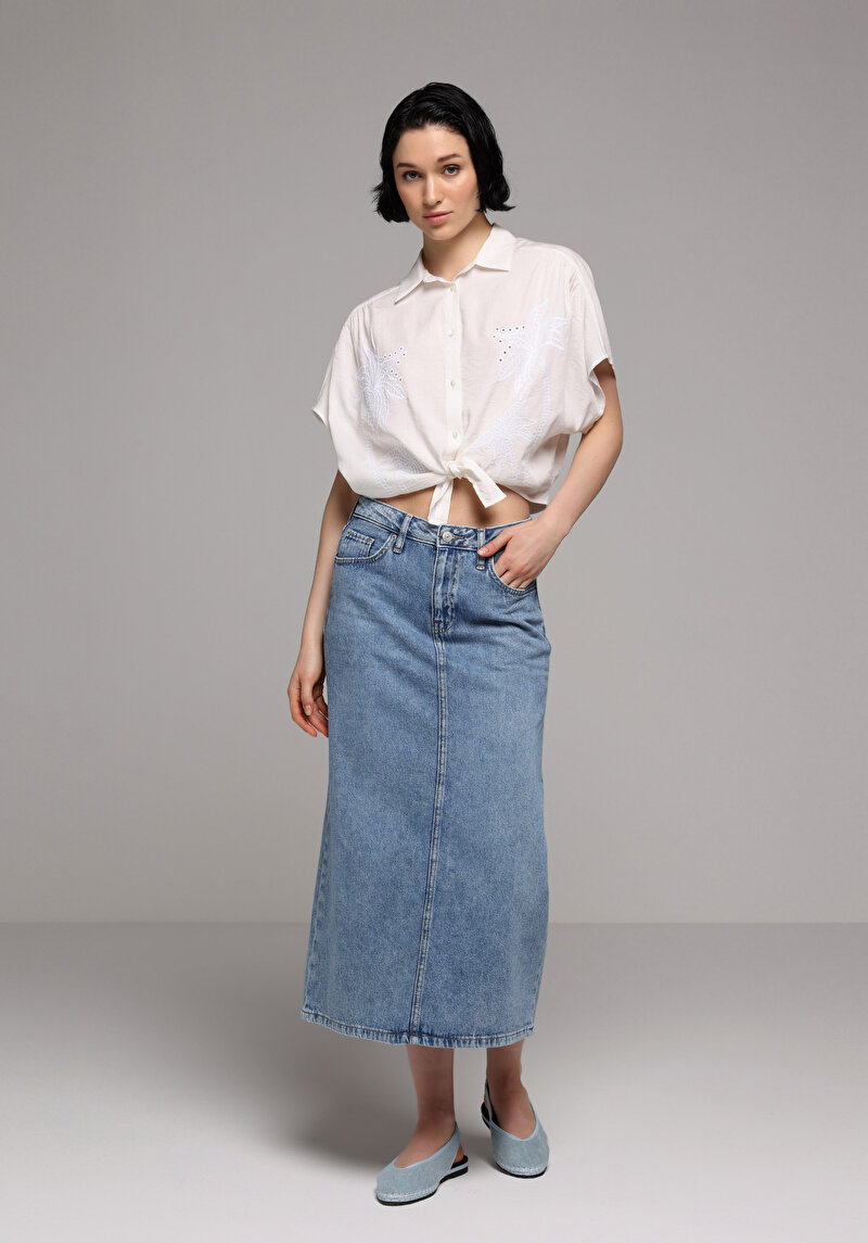 Slim Fit Düz Fermuarlı Kadın Denim Etek