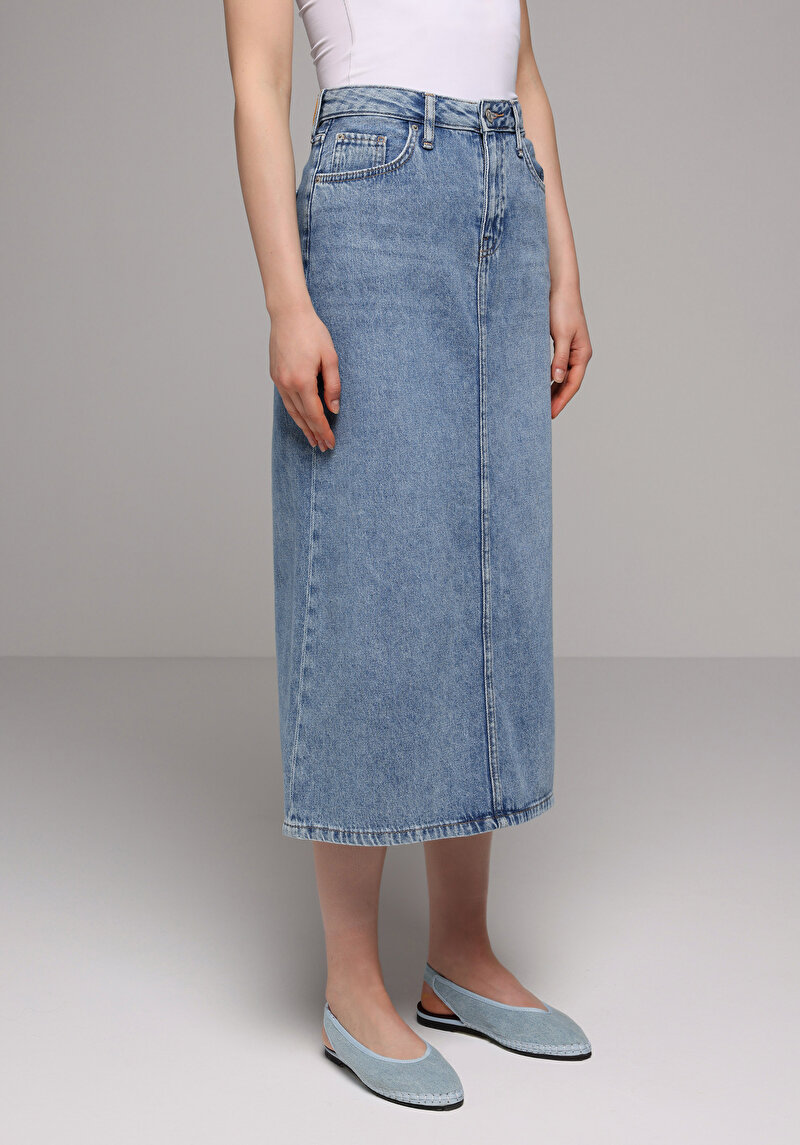 Slim Fit Düz Fermuarlı Kadın Denim Etek
