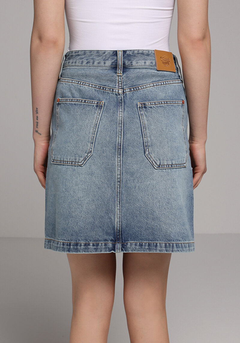 Slim Fit Düz Fermuarlı Kadın Light İndigo Denim Etek