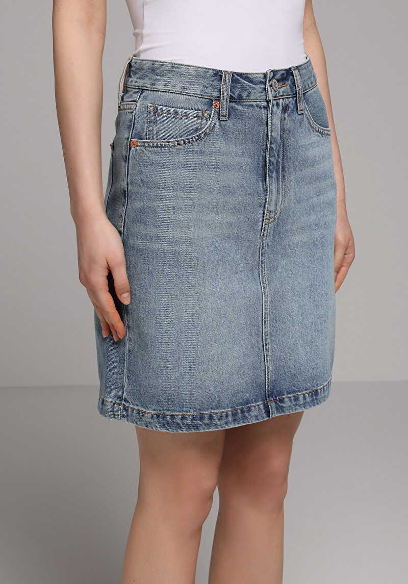Slim Fit Düz Fermuarlı Kadın Light İndigo Denim Etek