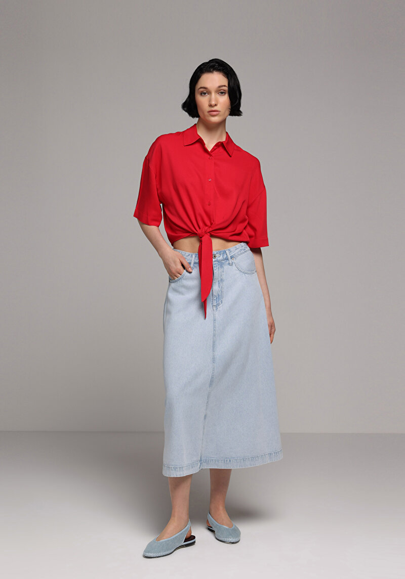 Regular Fit Düz Fermuarlı Kadın Bleach İndigo Denim Etek