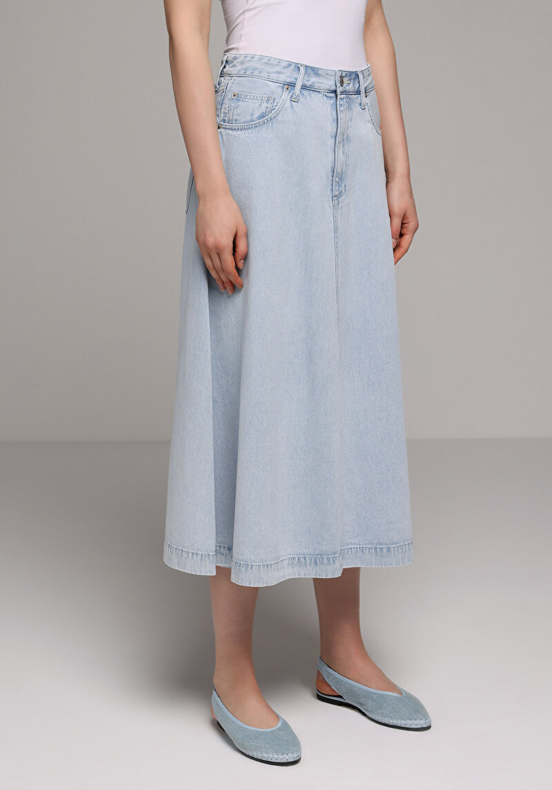 Regular Fit Düz Fermuarlı Kadın Bleach İndigo Denim Etek