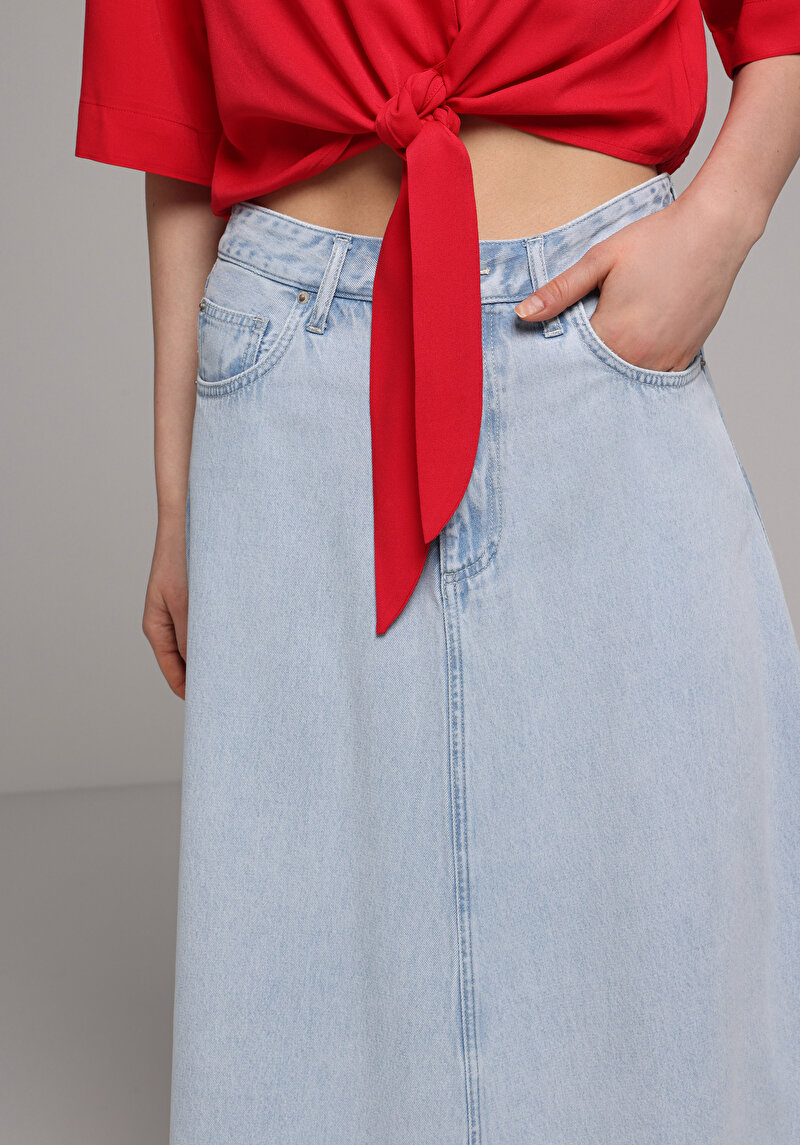 Regular Fit Düz Fermuarlı Kadın Bleach İndigo Denim Etek