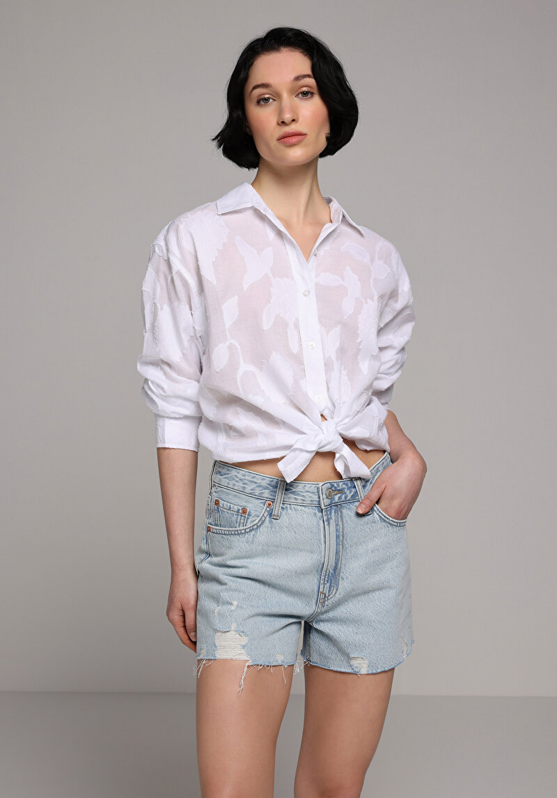 Mom Fit Orta Bel Düz Kadın Bleach İndigo Denim Jean Şort