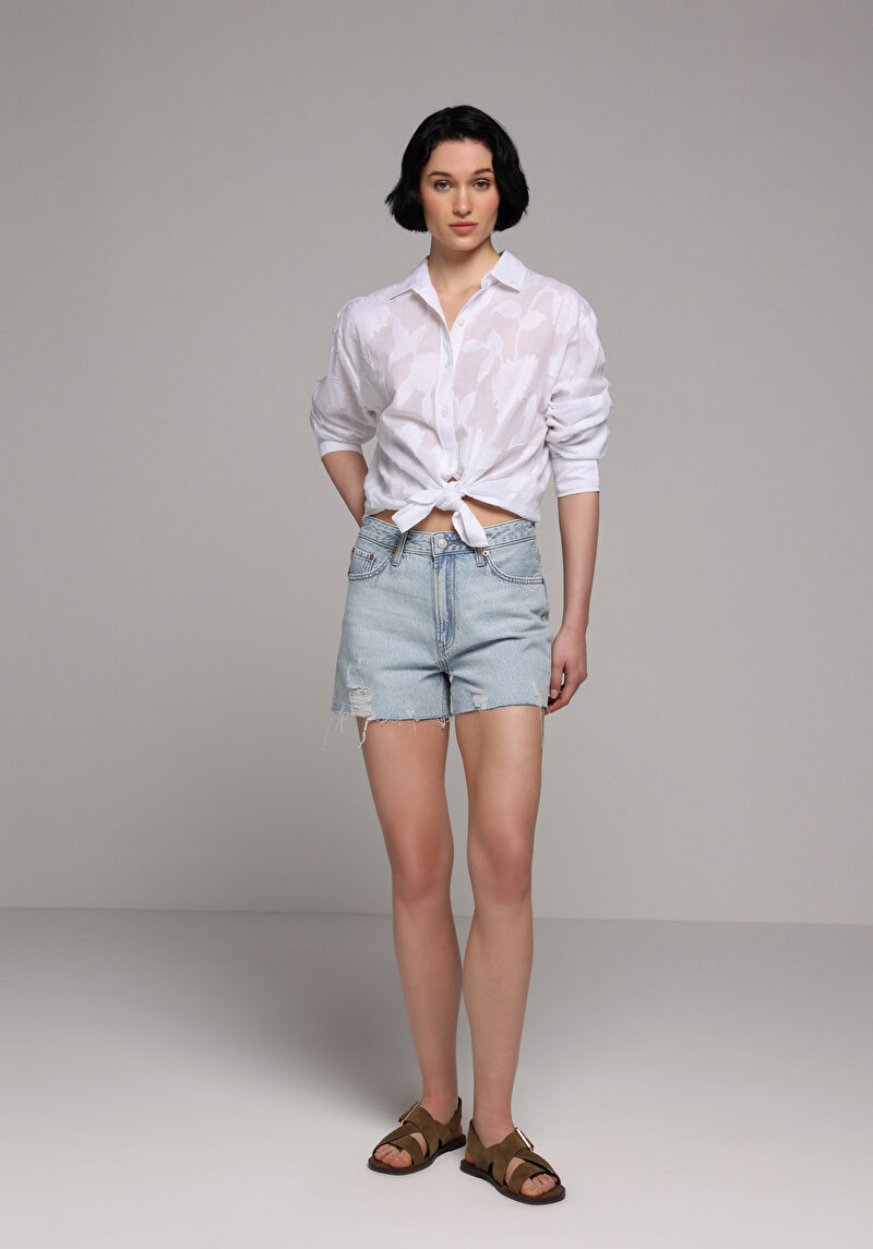 Mom Fit Orta Bel Düz Kadın Bleach İndigo Denim Jean Şort