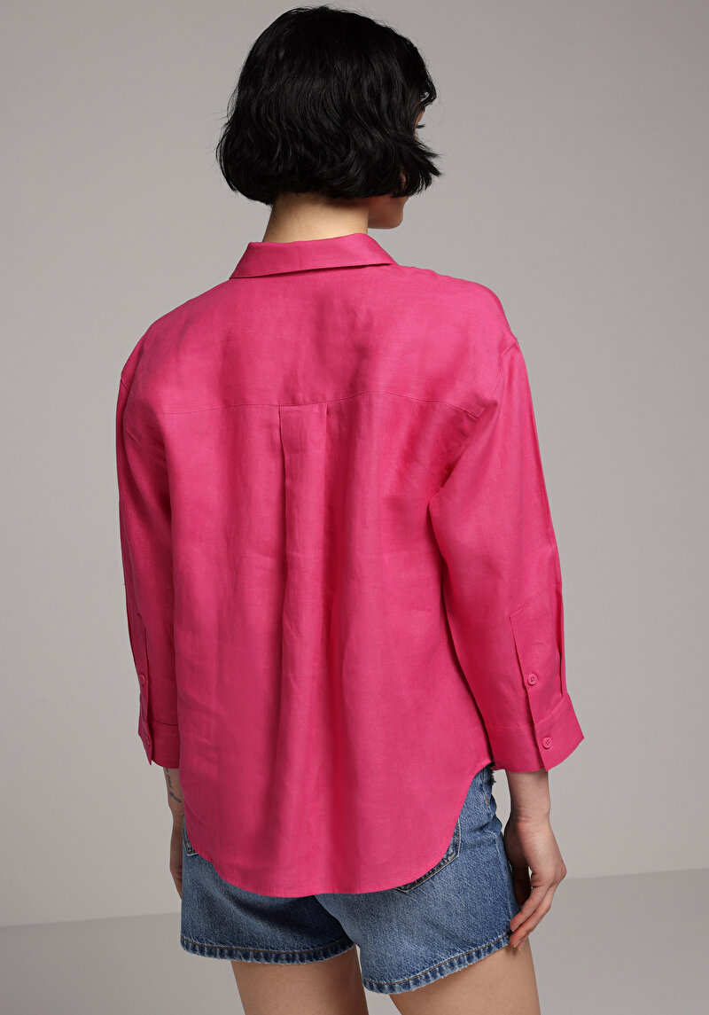 Fashion Fit Shirt Neck Düz Kadın Pembe ¾ Kol Gömlek