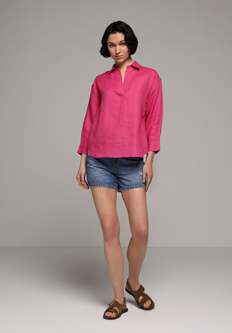 Fashion Fit Shirt Neck Düz Kadın Pembe ¾ Kol Gömlek