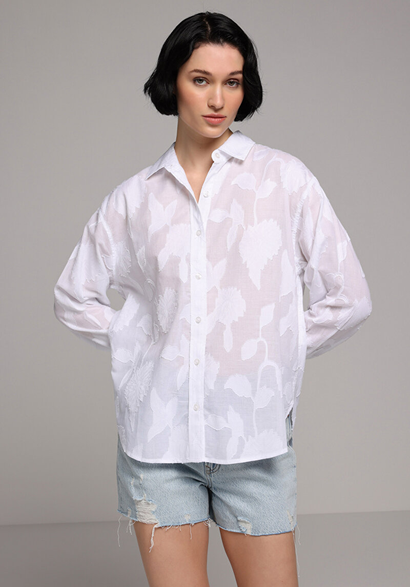Boyfriend Fit Shirt Neck Jakarlı Kadın Beyaz Uzun Kol Gömlek