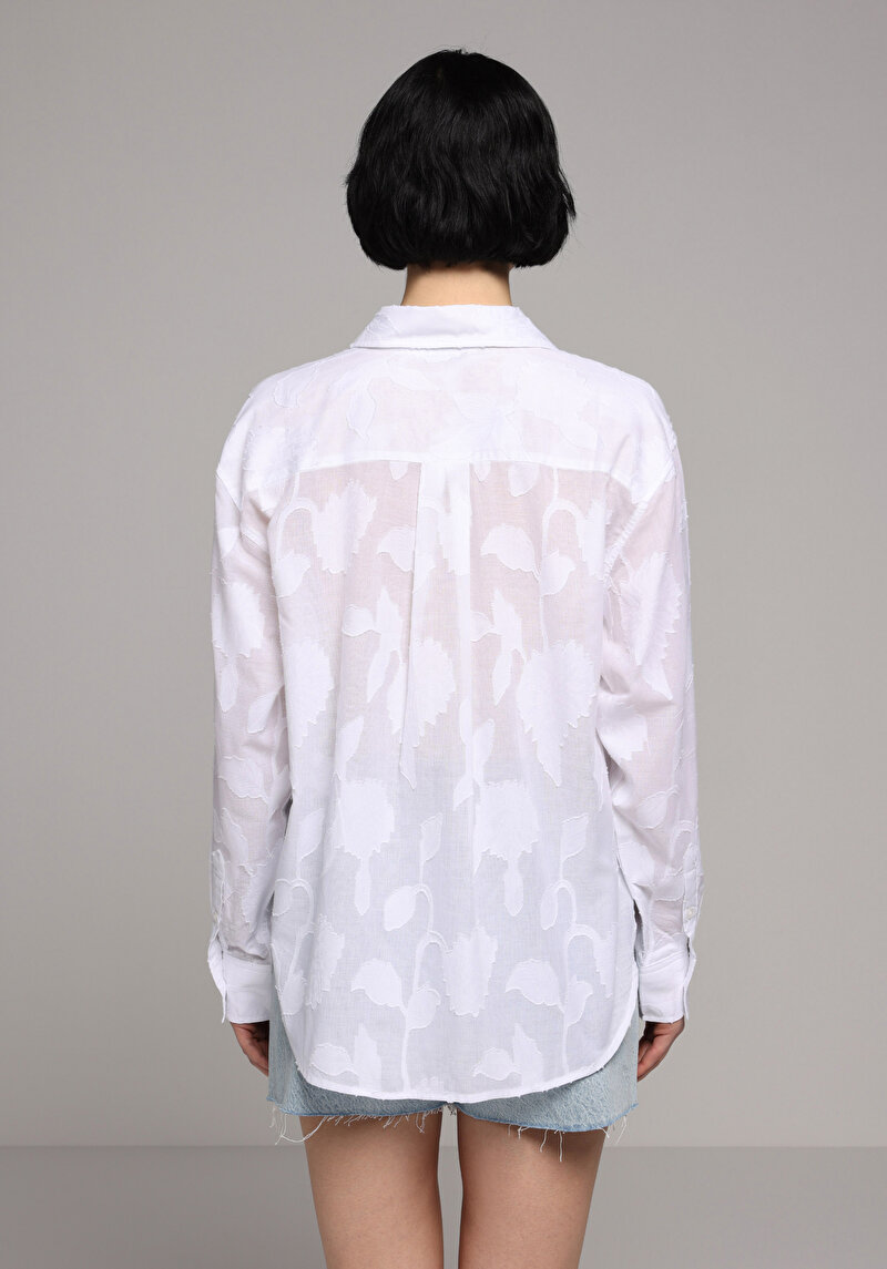 Boyfriend Fit Shirt Neck Jakarlı Kadın Beyaz Uzun Kol Gömlek