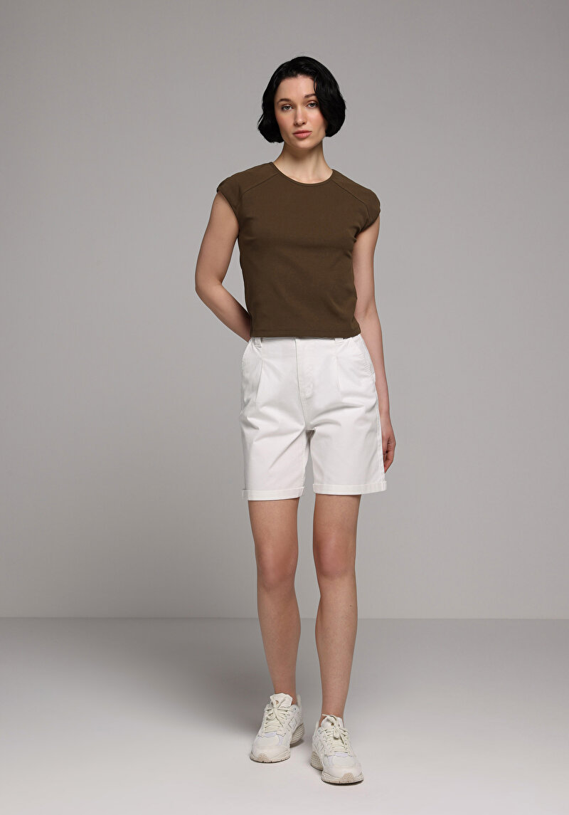 Slim Fit Kayık Yaka Düz Kadın Kahverengi Kısa Kol Tişört