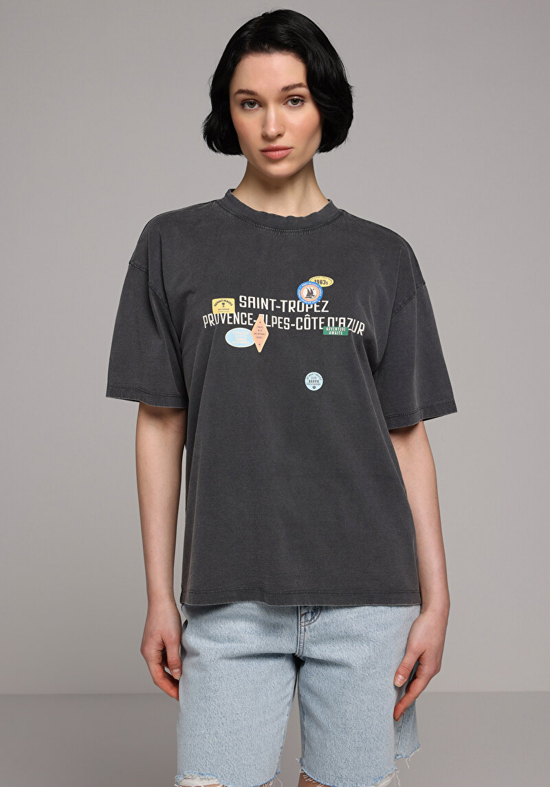 Oversize Fit Yuvarlak Yaka Düz Kadın Antrasit Kısa Kol Tişört