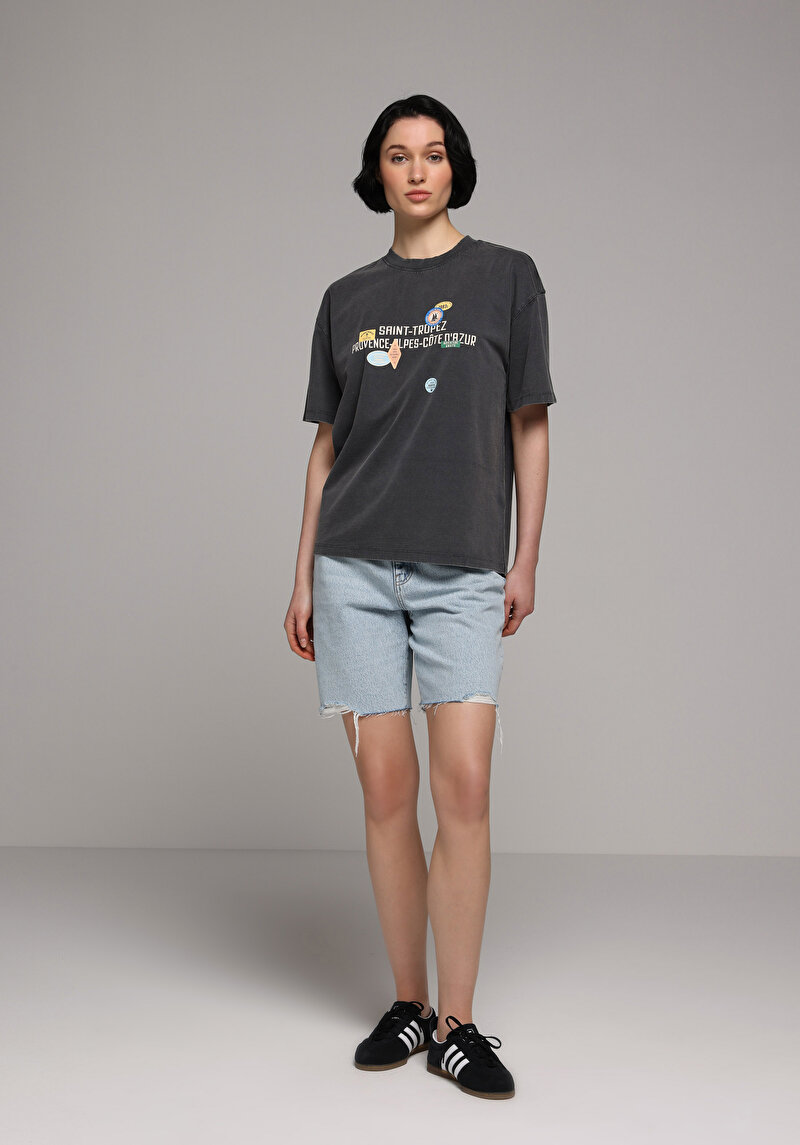 Oversize Fit Yuvarlak Yaka Düz Kadın Antrasit Kısa Kol Tişört