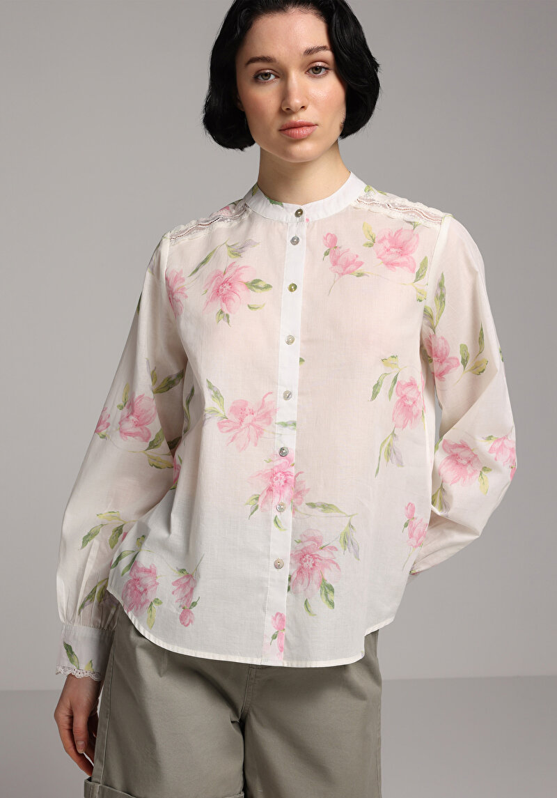 Fashion Fit Yuvarlak Yaka Metraj Baskılı Kadın Pembe Uzun Kol Gömlek