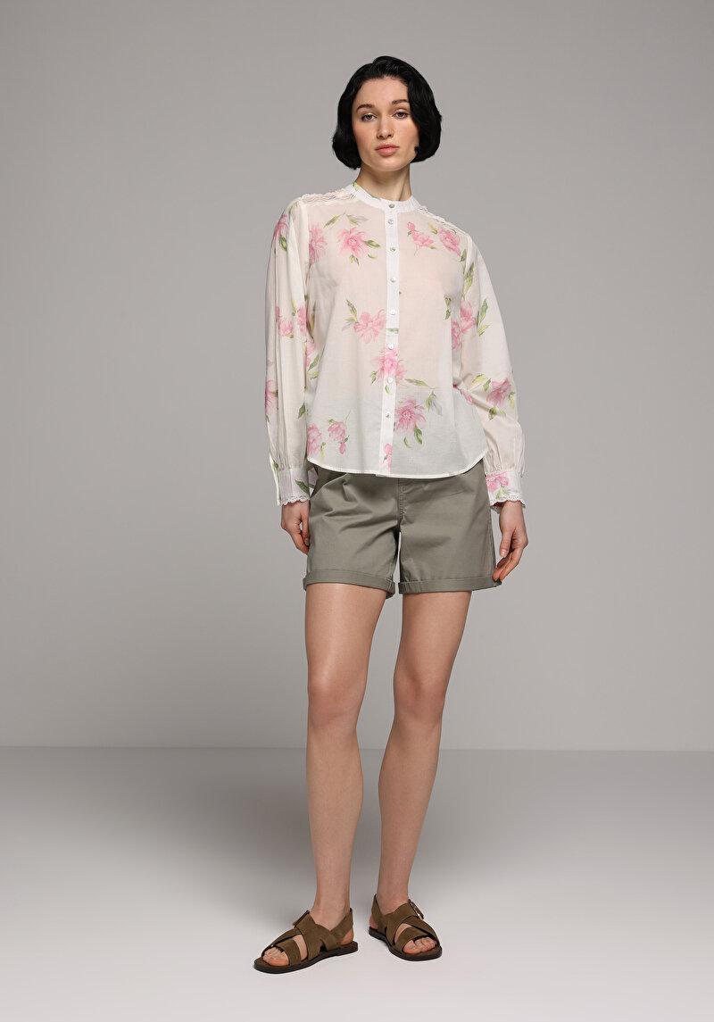 Fashion Fit Yuvarlak Yaka Metraj Baskılı Kadın Pembe Uzun Kol Gömlek