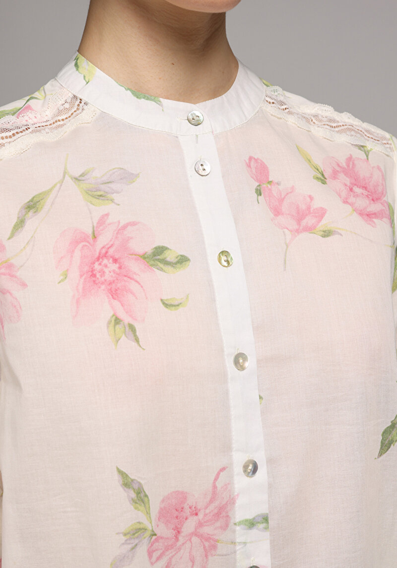 Fashion Fit Yuvarlak Yaka Metraj Baskılı Kadın Pembe Uzun Kol Gömlek