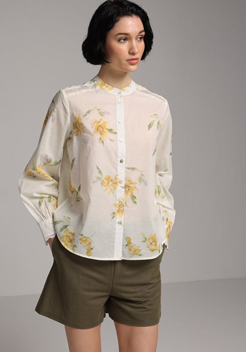 Fashion Fit Yuvarlak Yaka Metraj Baskılı Kadın Sari Uzun Kol Gömlek