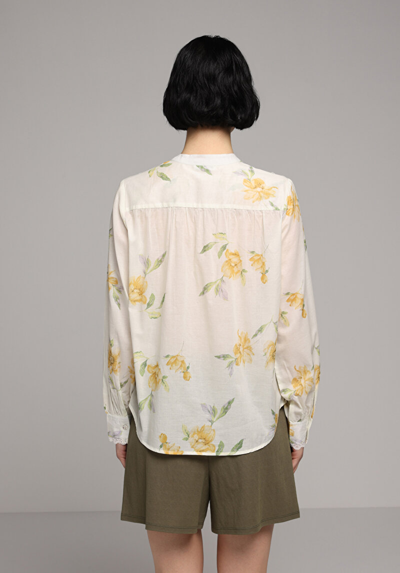 Fashion Fit Yuvarlak Yaka Metraj Baskılı Kadın Sari Uzun Kol Gömlek