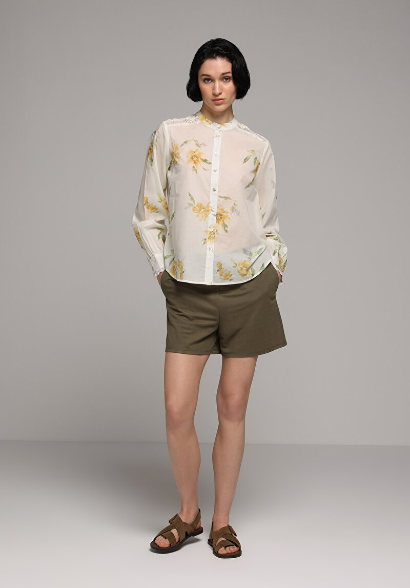 Fashion Fit Yuvarlak Yaka Metraj Baskılı Kadın Sari Uzun Kol Gömlek