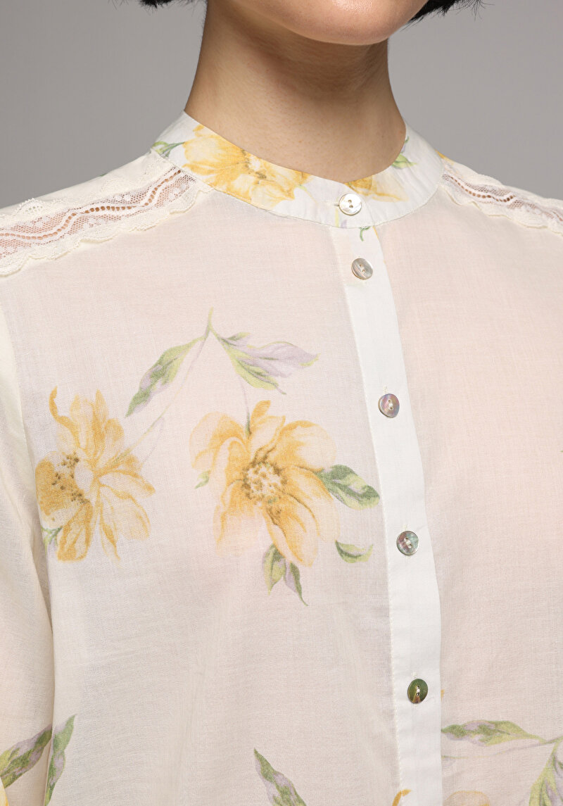 Fashion Fit Yuvarlak Yaka Metraj Baskılı Kadın Sari Uzun Kol Gömlek