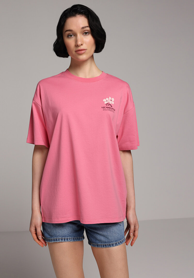 Relax Fit Yuvarlak Yaka Baskılı Kadın Pembe Kısa Kol Tişört