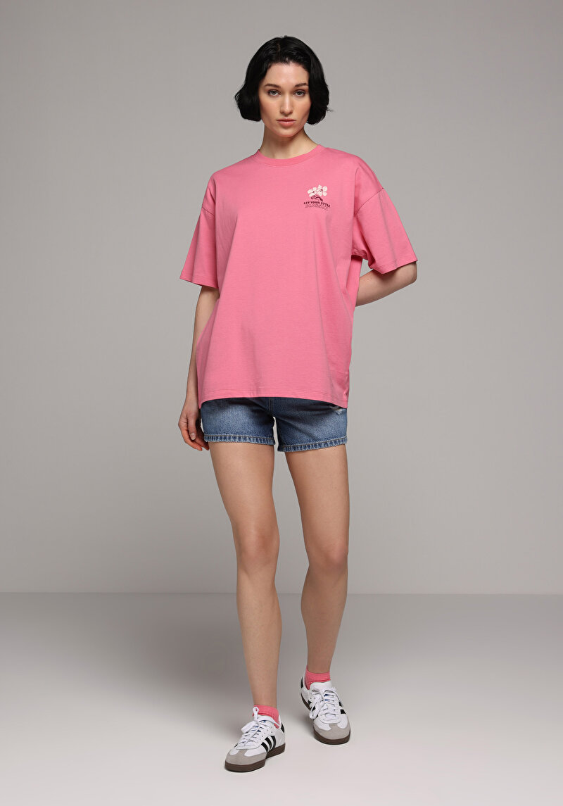 Relax Fit Yuvarlak Yaka Baskılı Kadın Pembe Kısa Kol Tişört