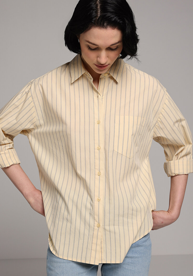 Boyfriend Fit Shirt Neck Çizgili Kadın Sari Uzun Kol Gömlek