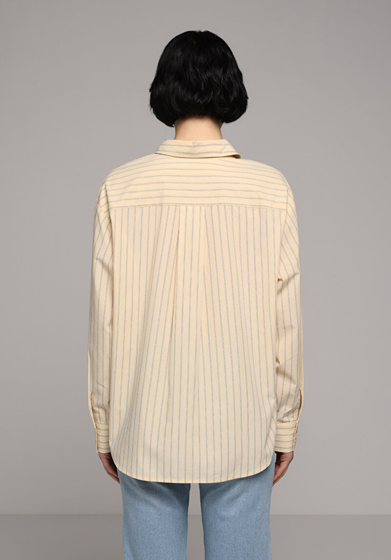 Boyfriend Fit Shirt Neck Çizgili Kadın Sari Uzun Kol Gömlek